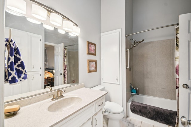 full bathroom featuring shower / bath combination with curtain, vanity, toilet, and tile patterned floors