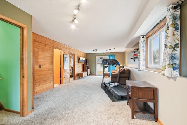 exercise area with carpet, wood walls, and track lighting