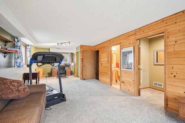 exercise room featuring carpet floors, wood walls, visible vents, and rail lighting