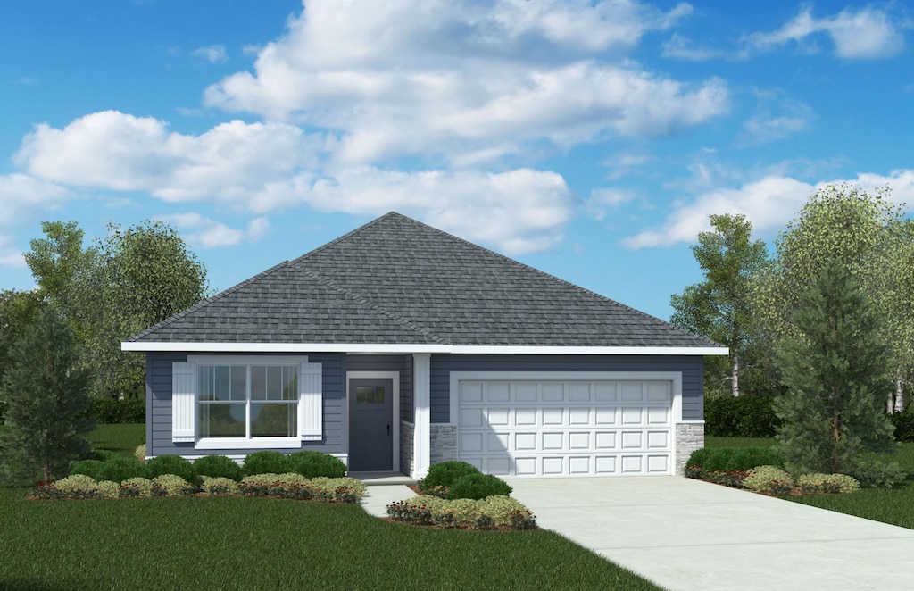 view of front facade with a garage, a shingled roof, driveway, stone siding, and a front yard