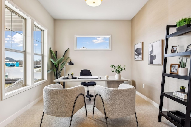 office with light colored carpet, a wealth of natural light, and baseboards