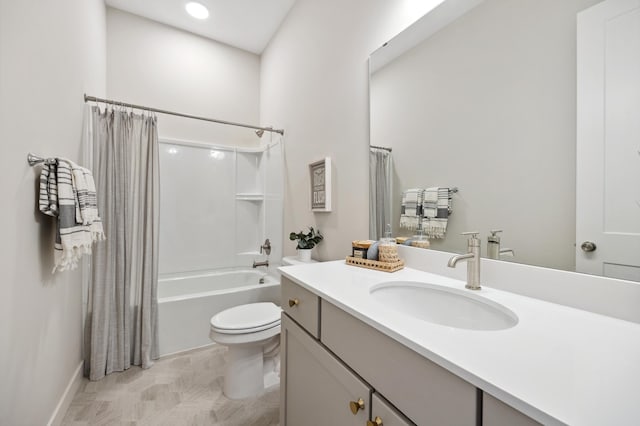 full bath with toilet, vanity, and shower / bathtub combination with curtain