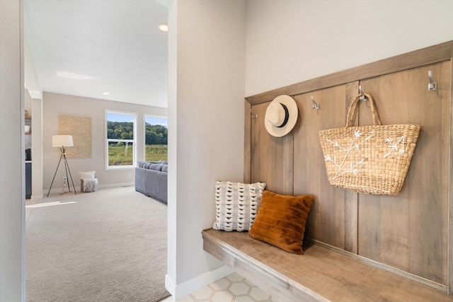 mudroom featuring carpet, baseboards, and recessed lighting