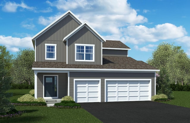 view of front of property with board and batten siding, driveway, and a front lawn