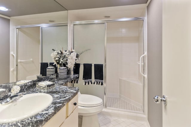 full bath with vanity, tile patterned flooring, a shower stall, and toilet