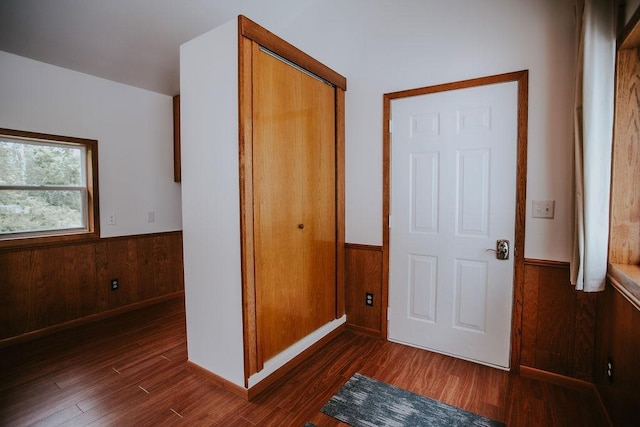 interior space with dark wood-style floors, wainscoting, and wood walls