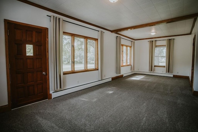 entrance foyer featuring dark colored carpet, a baseboard radiator, and ornamental molding