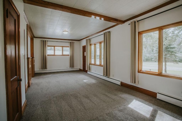 carpeted spare room with a baseboard heating unit, baseboards, baseboard heating, and ornamental molding