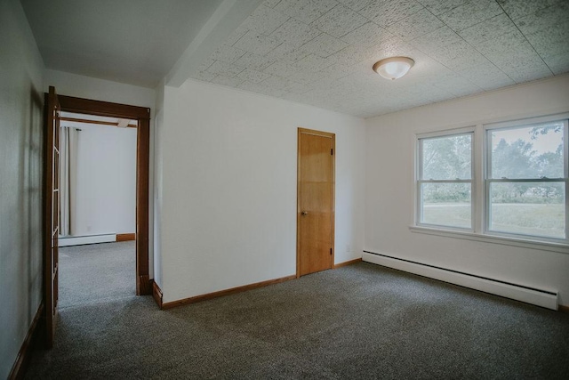 carpeted empty room featuring a baseboard heating unit, baseboards, and a baseboard radiator