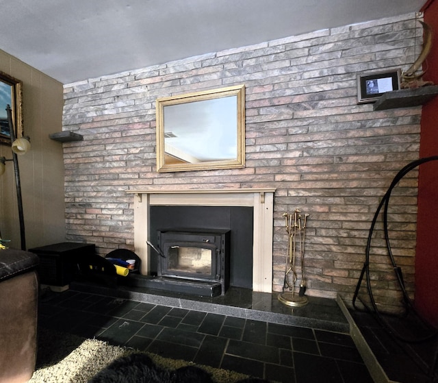 room details featuring a wood stove