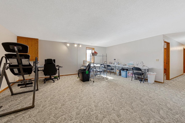 interior space with carpet floors, baseboards, and a textured ceiling