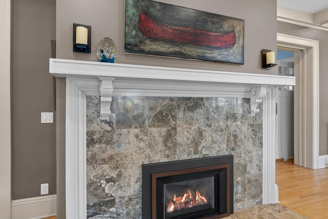 details featuring wood finished floors and a tile fireplace