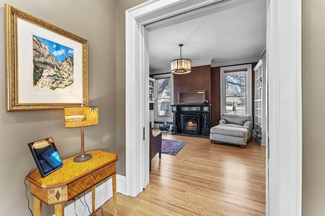 hallway featuring light wood-type flooring, baseboards, and ornamental molding