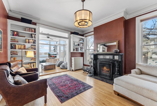 living room featuring radiator, wood finished floors, and a wealth of natural light