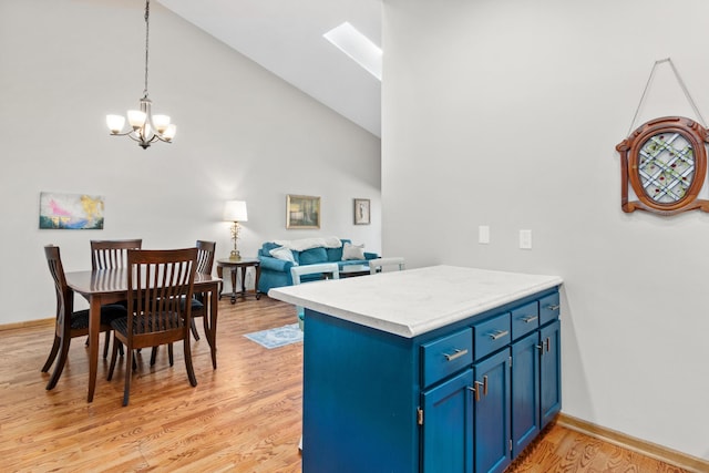 kitchen featuring blue cabinets, high vaulted ceiling, light wood-style floors, a peninsula, and light countertops