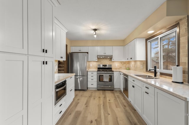 kitchen with decorative backsplash, light wood-style flooring, appliances with stainless steel finishes, under cabinet range hood, and a sink