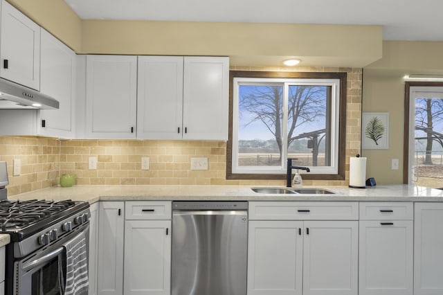 kitchen featuring stainless steel appliances, white cabinetry, and a sink