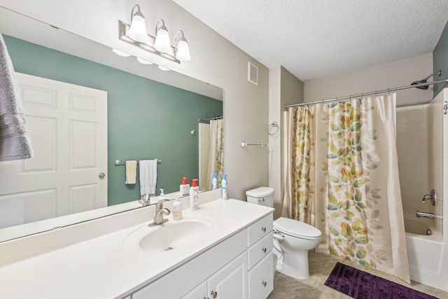 bathroom with visible vents, toilet, shower / tub combo, a textured ceiling, and vanity