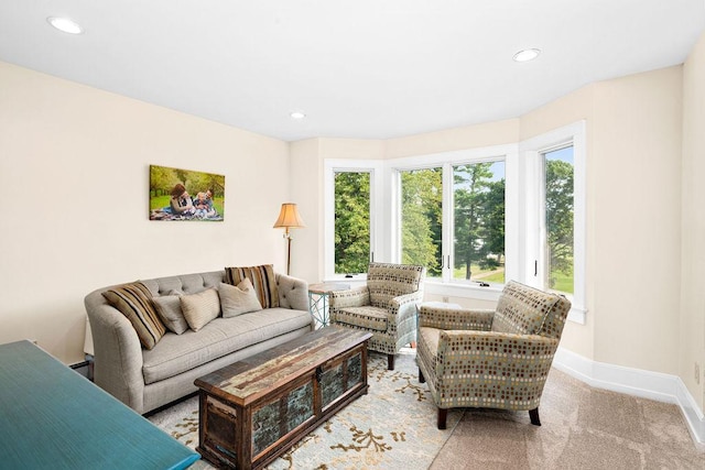 living area featuring recessed lighting, carpet flooring, a baseboard radiator, and baseboards