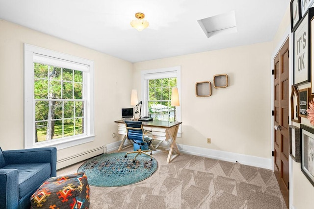 office area featuring baseboards, a baseboard radiator, attic access, and carpet flooring