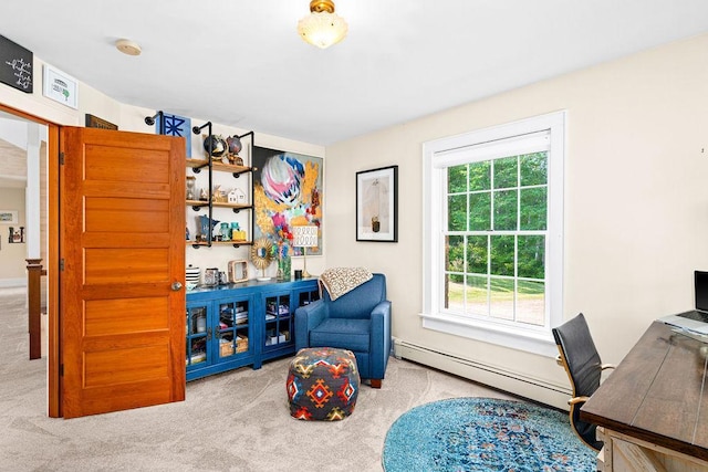 home office with carpet and baseboard heating