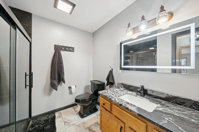 full bathroom featuring a stall shower, marble finish floor, and toilet