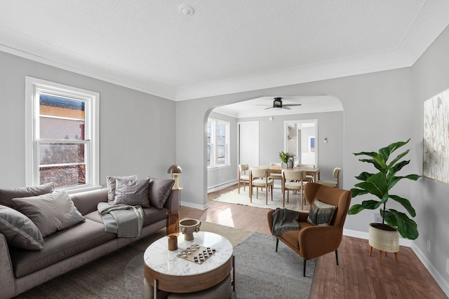 living room with arched walkways, wood finished floors, a wealth of natural light, and crown molding