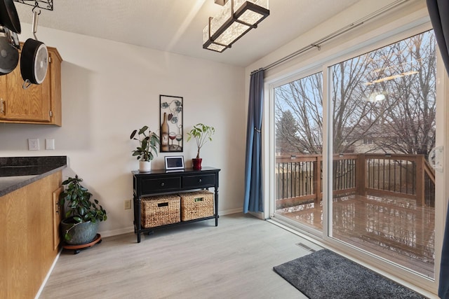 doorway to outside with visible vents, light wood-style flooring, and baseboards