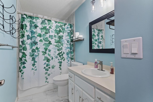 bathroom with marble finish floor, shower / tub combo with curtain, toilet, a textured ceiling, and vanity