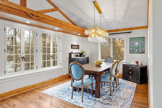 dining area featuring lofted ceiling, baseboards, recessed lighting, and wood finished floors