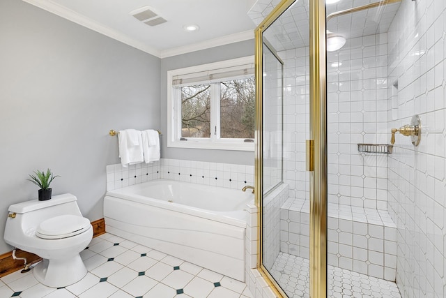 full bath with a stall shower, visible vents, toilet, ornamental molding, and a bath