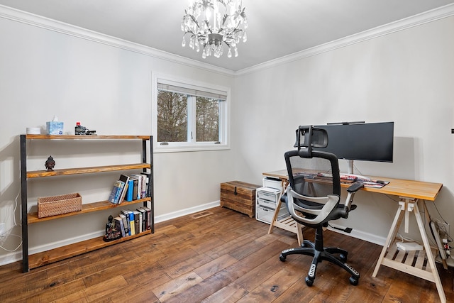 office space featuring a chandelier, ornamental molding, wood-type flooring, and baseboards