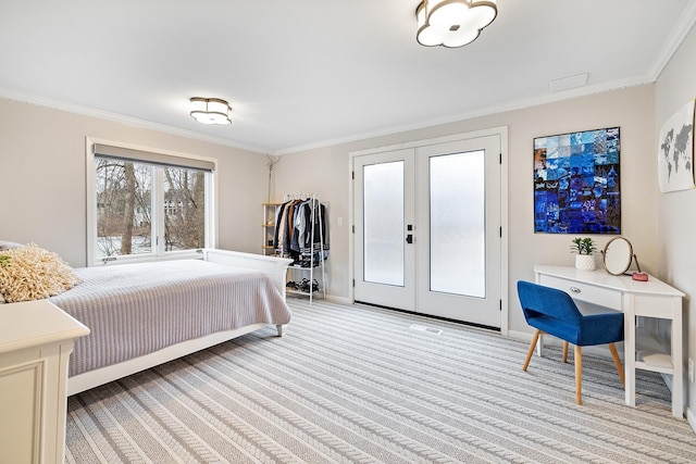 bedroom with light carpet, baseboards, ornamental molding, and french doors