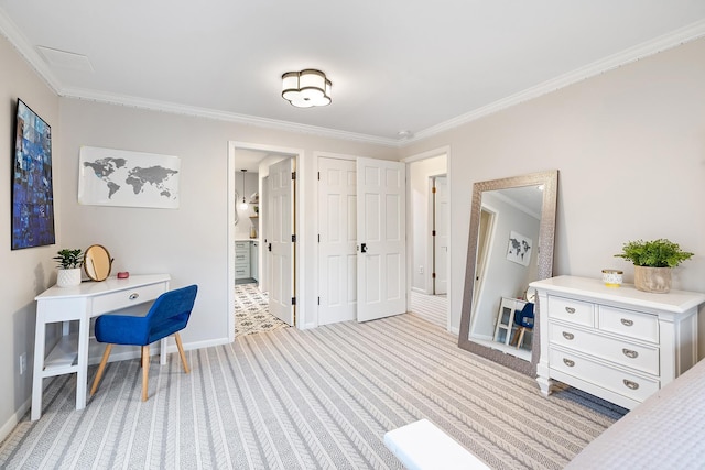 bedroom featuring baseboards, ornamental molding, connected bathroom, and light colored carpet