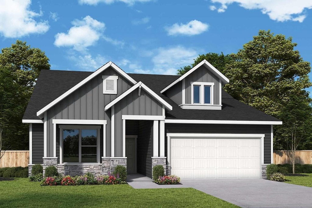 craftsman inspired home with stone siding, fence, a front lawn, and concrete driveway