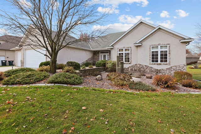 single story home featuring a garage, stone siding, driveway, stucco siding, and a front yard