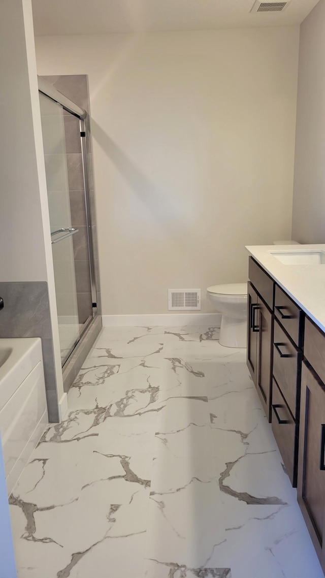 full bath with a stall shower, marble finish floor, visible vents, and a bath