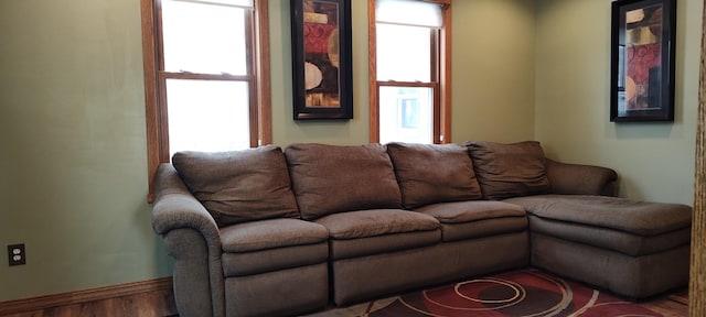 living room with baseboards, wood finished floors, and a healthy amount of sunlight