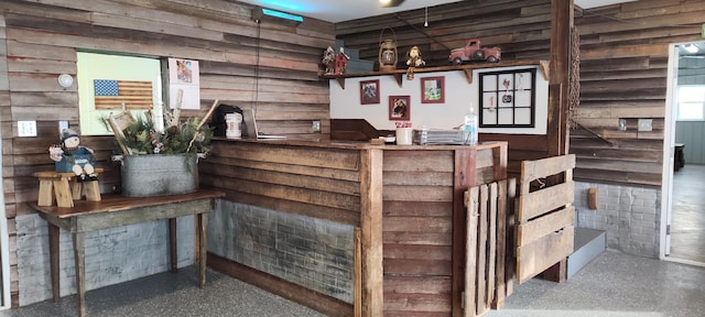 bar featuring wooden walls, a dry bar, and speckled floor