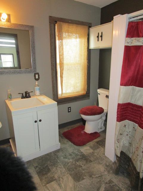 full bathroom featuring toilet, a shower with shower curtain, and vanity