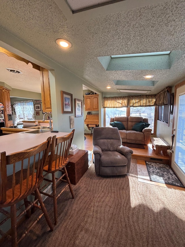 carpeted living room with visible vents, a sink, and a textured ceiling