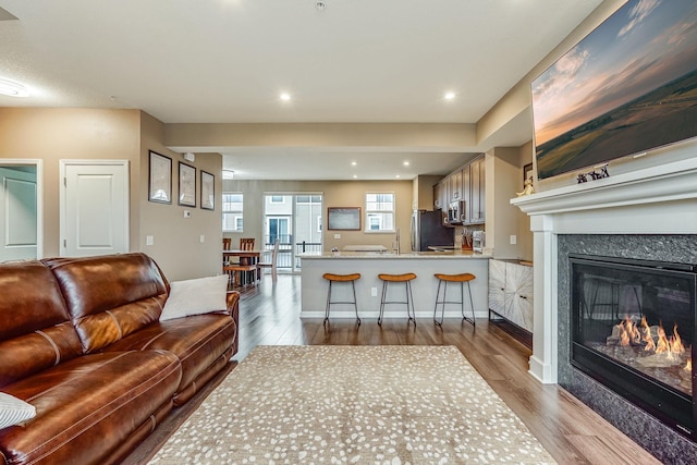 living room with baseboards, a premium fireplace, wood finished floors, and recessed lighting