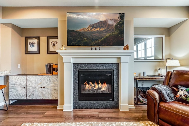 living room with wood finished floors, a glass covered fireplace, and baseboards