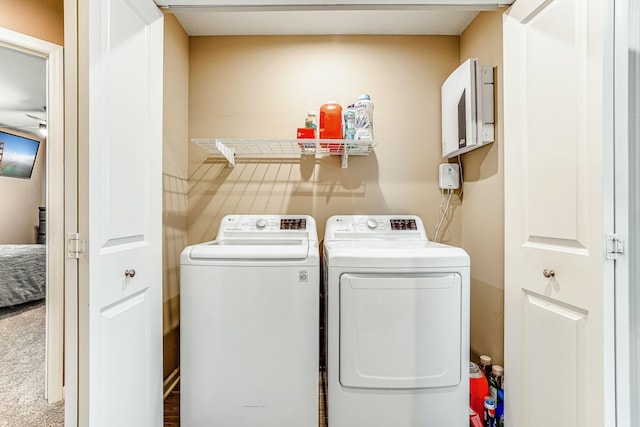 laundry room with laundry area, carpet flooring, and washing machine and dryer