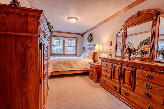 carpeted bedroom featuring a textured ceiling and crown molding