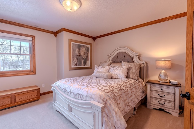 bedroom with light carpet, crown molding, a textured ceiling, and baseboards