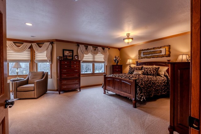 bedroom featuring baseboards, a textured ceiling, carpet, and crown molding