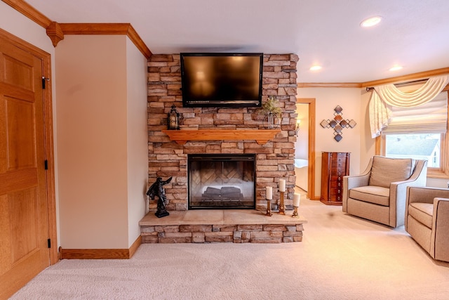 carpeted living room with ornamental molding, a fireplace, and baseboards