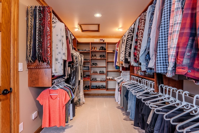 walk in closet featuring attic access and carpet