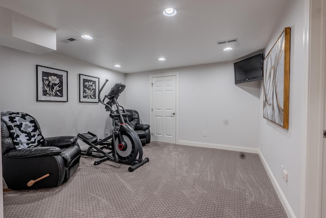 workout area featuring recessed lighting, carpet flooring, visible vents, and baseboards